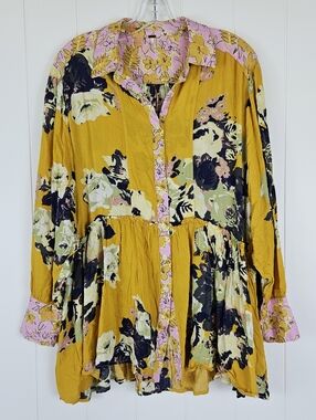 Free People Tunic Flowy Brunch A Bunch Yellow Floral Womens Small Loose Festival